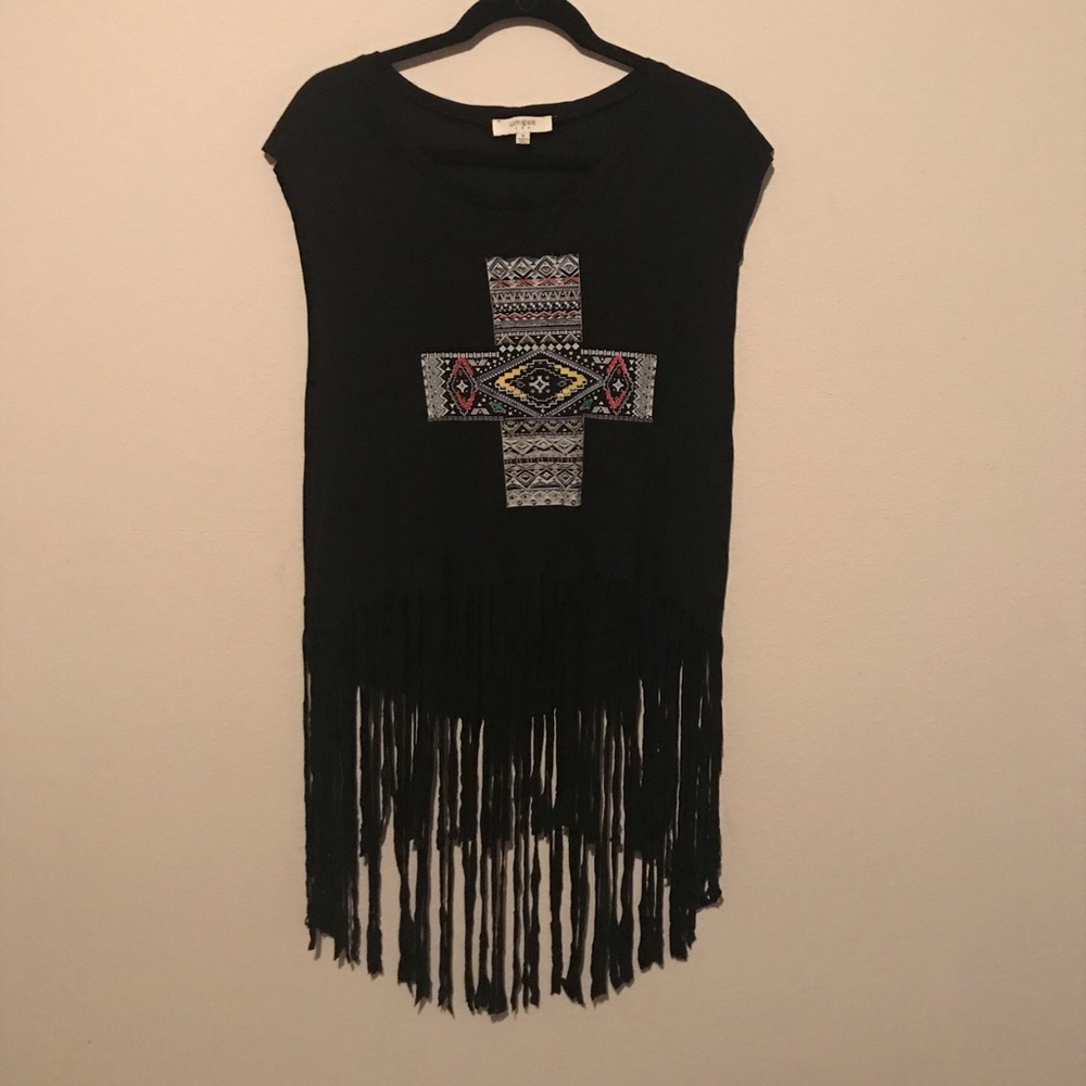 Umgee Black Fringe Tribal Print Top